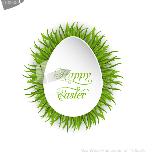 Image of Happy Easter paper card in form egg with green grass