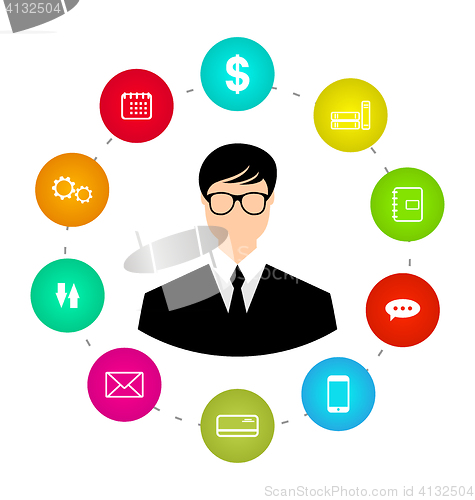 Image of Businessman around icons social media networks and innovation id