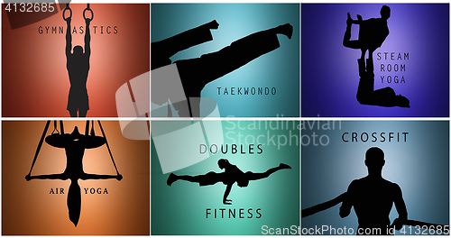 Image of The collage from silhouettes of man and woman training sport