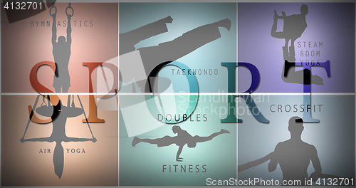 Image of The collage from silhouettes of man and woman training sport