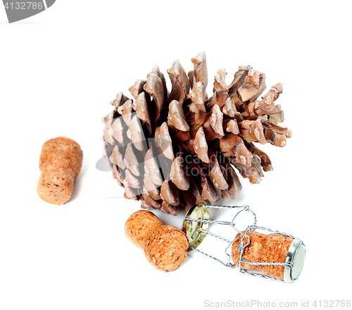 Image of Big pine cone and champagne wine corks with muselet