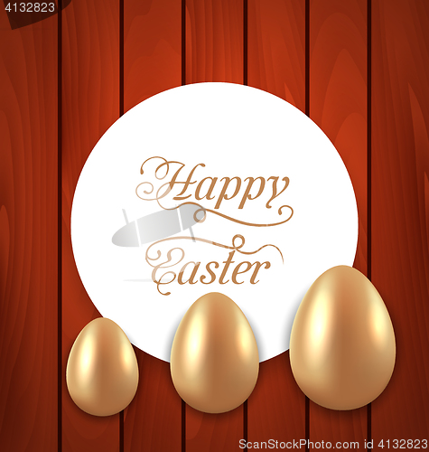 Image of Celebration card with Easter golden eggs on wooden red backgroun