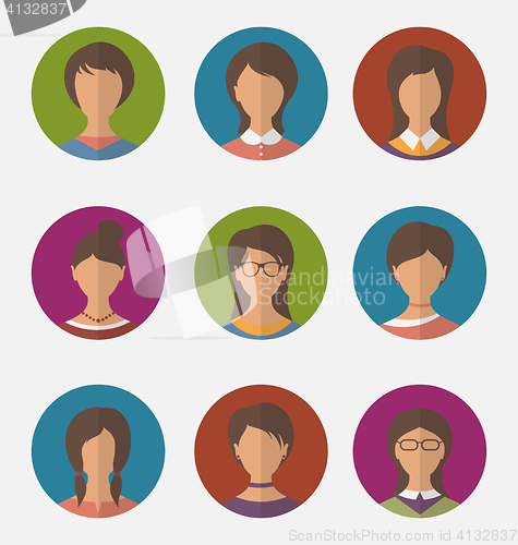 Image of Set colorful female faces circle icons, trendy flat style