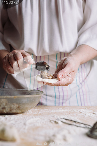 Image of Two hands making meat dumplings.