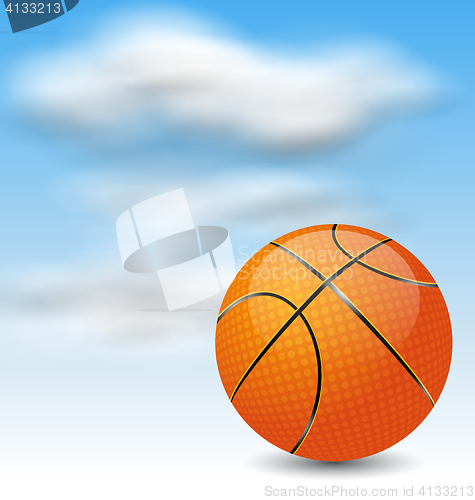 Image of Basketball Ball on Cloudy Sky Background