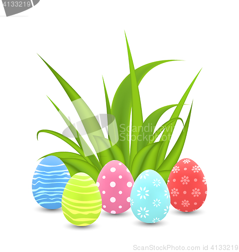 Image of Traditional colorful ornamental eggs with grass for  Easter