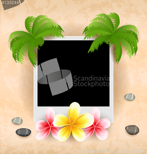 Image of Empty photo frame with palm, flowers frangipani, sea pebbles