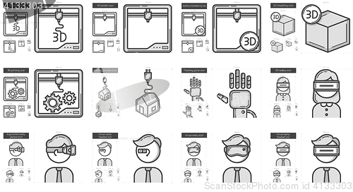 Image of Virtual reality and 3D technology line icon set.