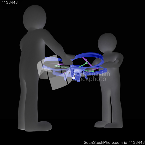 Image of 3d man with drone, quadrocopter, with photo camera. 3d render. 3