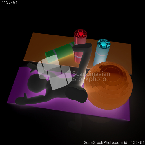 Image of 3d man on a karemat with fitness ball. 3D illustration