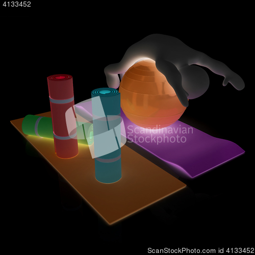 Image of 3d man on a karemat with fitness ball. 3D illustration