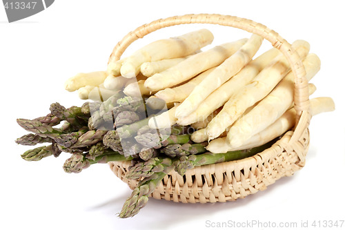 Image of Basket of white and green asparagus