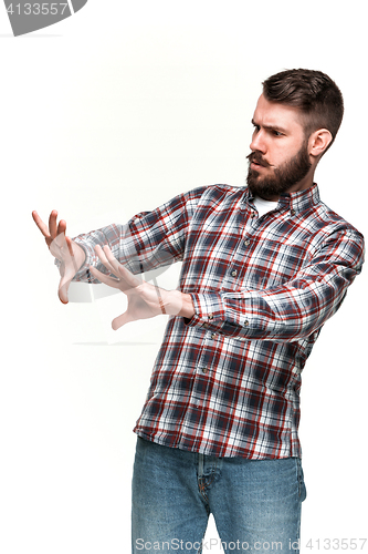 Image of Man is looking scared. Over white background