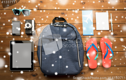 Image of close up of smartphone and travel stuff