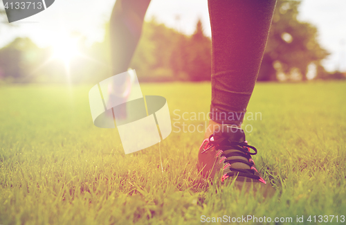 Image of close up of exercising woman legs on grass in park