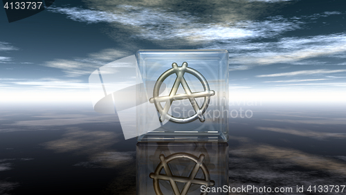 Image of metal anarchy symbol in glass cube - 3d rendering