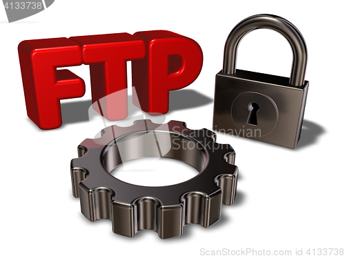 Image of ftp tag, padlock and gearwheel - 3d illustration