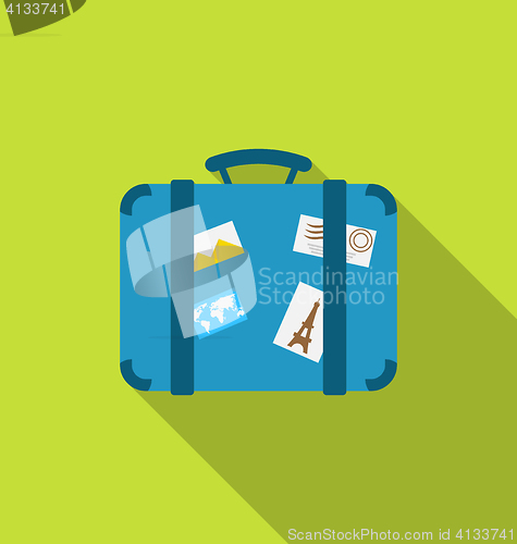 Image of Flat modern icon of handle baggage with funky stickers and photo