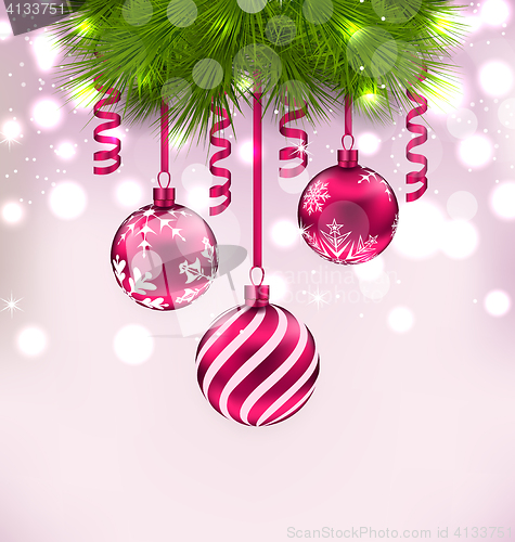 Image of Christmas fir branches and glass balls, copy space for your text