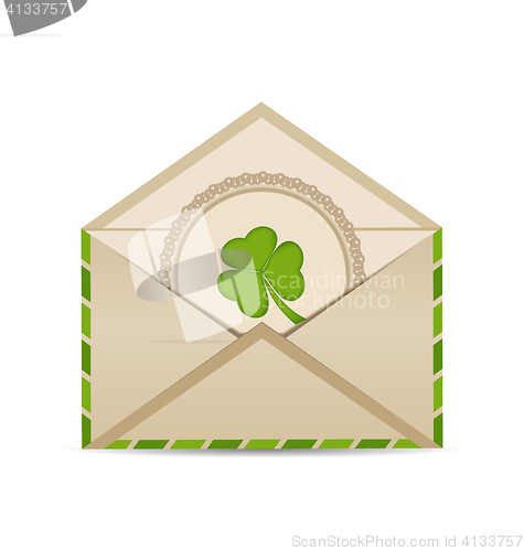 Image of Open vintage envelope with clover isolated on white background f