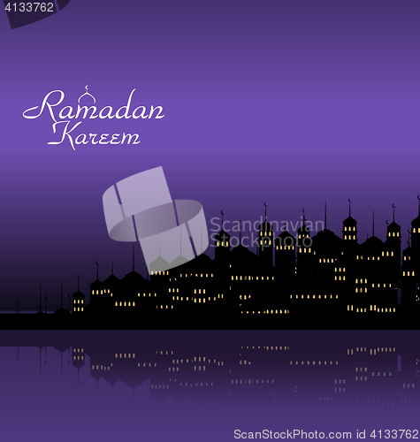 Image of Ramadan Kareem Night Background with Silhouette Mosque and Minarets