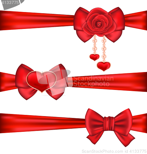 Image of Set red gift bows ribbons with rose and heart, isolated on white