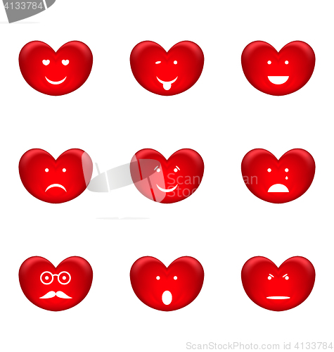 Image of Set of smiles of heart shape with many emotions, isolated on whi