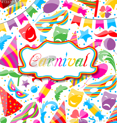 Image of Festive card with carnival and party colorful icons and objects