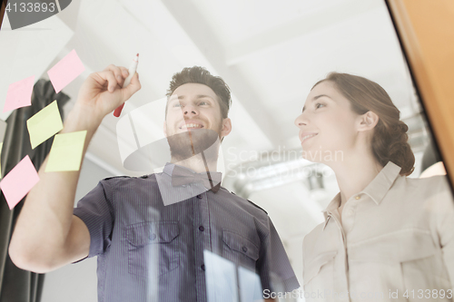 Image of happy creative team writing on blank office glass