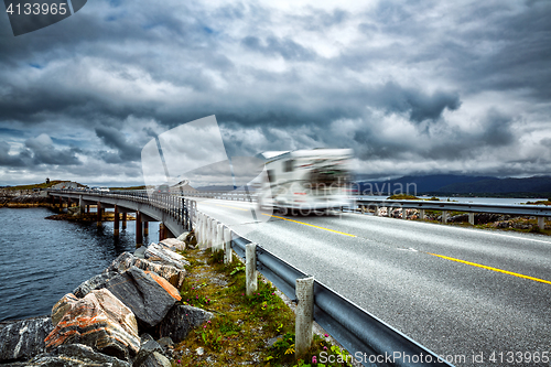 Image of Norway. Caravan car travels on the highway.