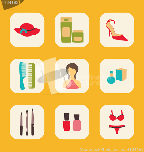 Image of Flat icons set with a central woman surrounded by hat, creams, s