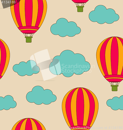 Image of Retro Seamless Travel Pattern of Air Balloons and Clouds