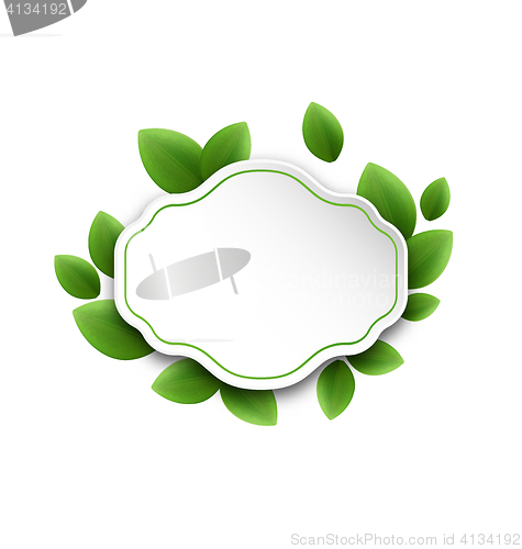 Image of Abstract label with eco green leaves, isolated on white backgrou