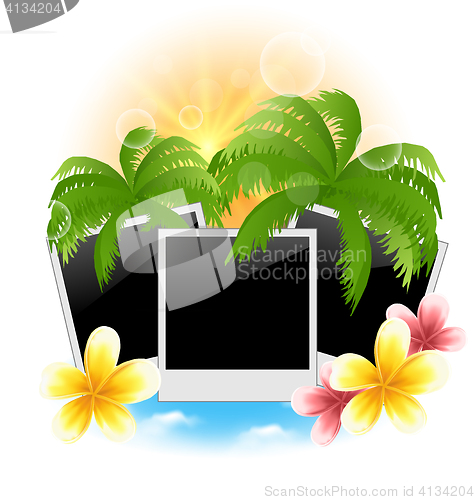 Image of Set photo frame with palms, flowers frangipani, seascape backgro