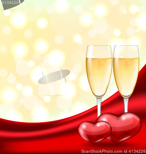 Image of Abstract Background with Wineglasses of Champagne and Couple Hea