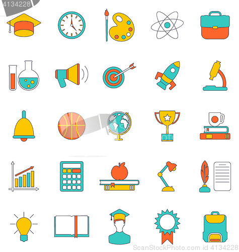 Image of Set Flat Line Colorful Icons of School Equipment