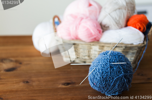 Image of basket with knitting needles and balls of yarn