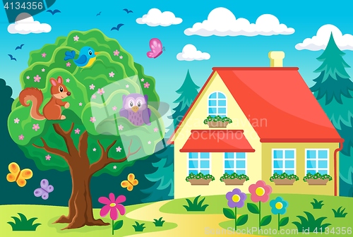 Image of Tree with animals near house