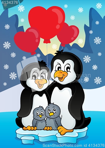 Image of Valentine penguins near seashore