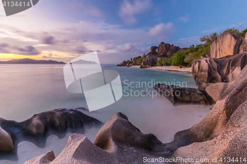 Image of Dramatic sunset at Anse Source d\'Argent beach, La Digue island, Seychelles