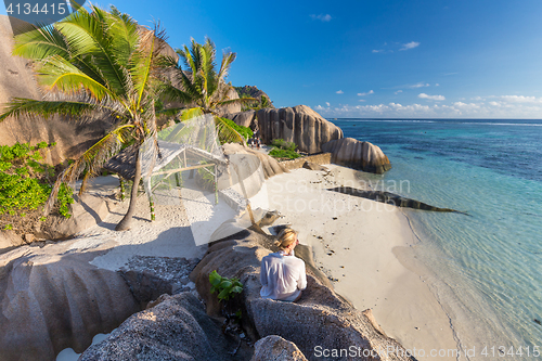 Image of Dramatic sunset at Anse Source d\'Argent beach, La Digue island, Seychelles