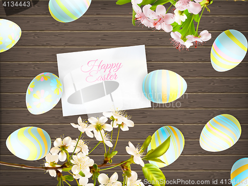 Image of Easter eggs on wooden background. EPS 10