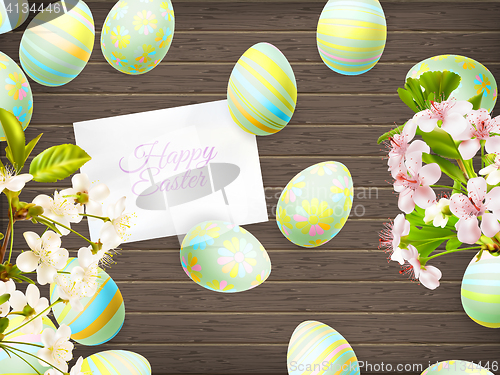 Image of Easter eggs on wooden background. EPS 10