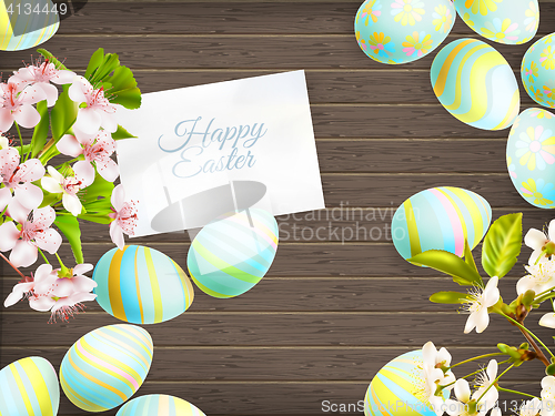 Image of Easter eggs on wooden background. EPS 10
