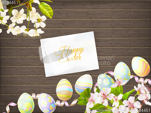 Image of Easter eggs on wooden background. EPS 10
