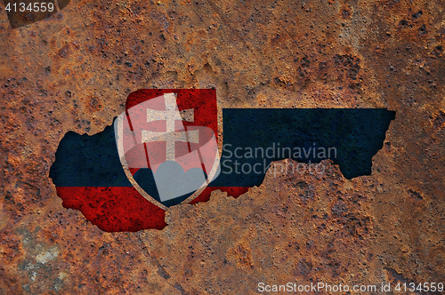 Image of Map and flag of Slovakia on rusty metal