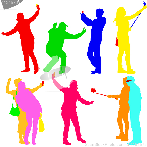 Image of Silhouettes man and woman taking selfie with smartphone on white background. illustration