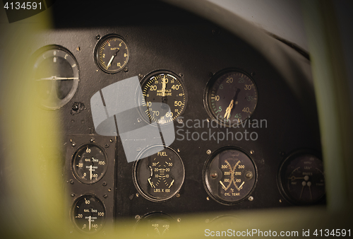 Image of Different meters and displays in an old plane