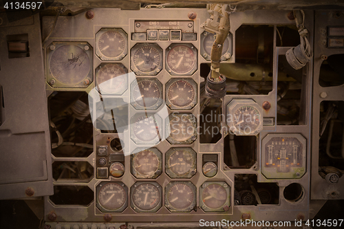 Image of Different meters and displays in an old plane