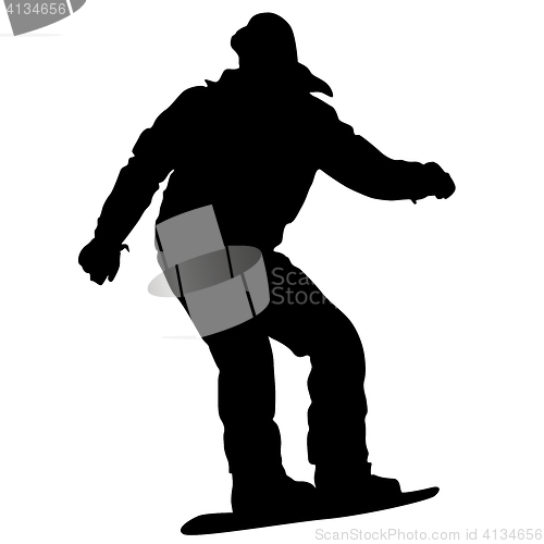 Image of Black silhouettes snowboarders on white background.